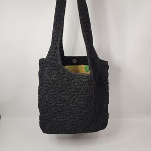 Luxy Black Crocheted Bucket Purse Tote with Tropical Floral Lining, EUC